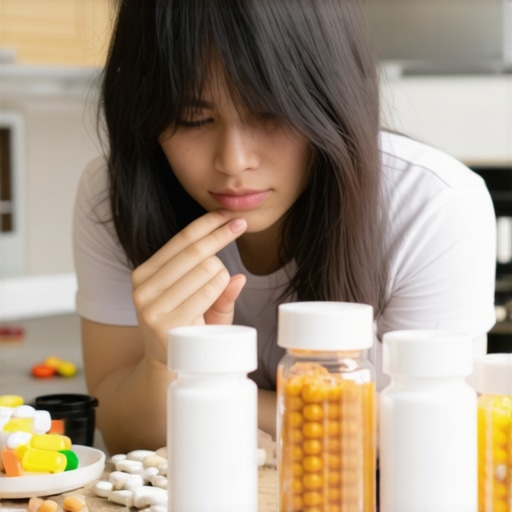 Person planning healthy meal with medication bottles on a table, representing balanced weight management