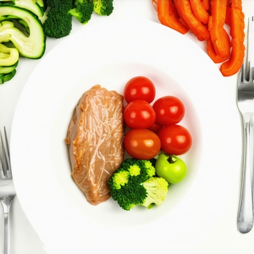 A colorful plate with lean protein, vegetables, and healthy fats, representing a supportive diet for medication-assisted weight management.