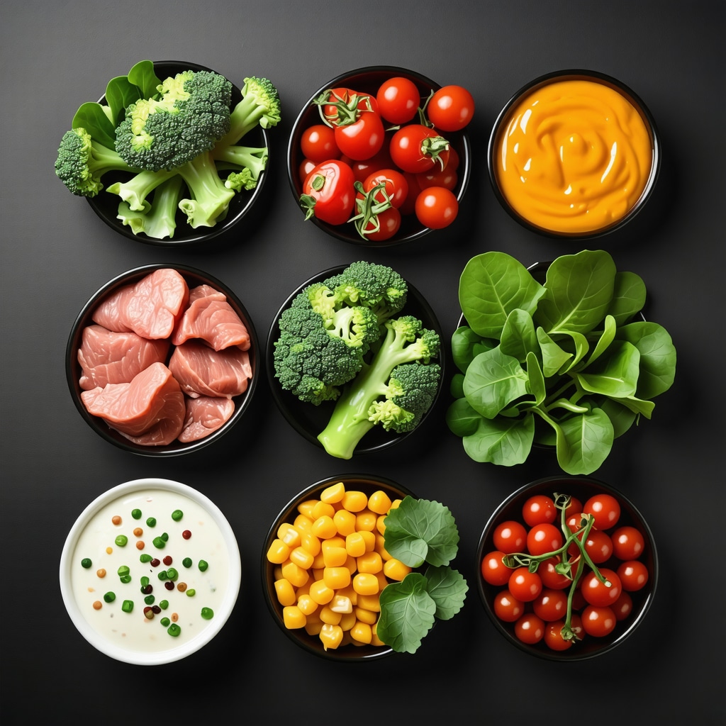 A colorful plate of healthy food including vegetables, protein, and fats for weight loss support