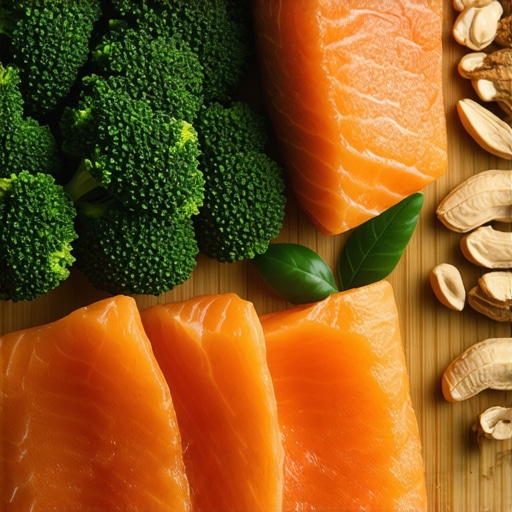 Plate with fish, leafy greens, and nuts supporting prescription medication efficacy.