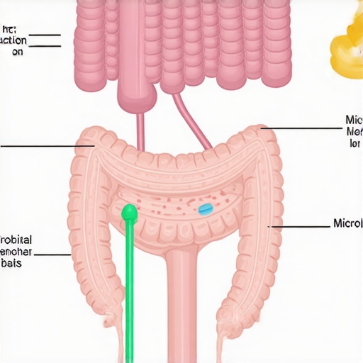 Detailed diagram of gut-brain axis with microbiota and hormonal pathways supporting weight loss.
