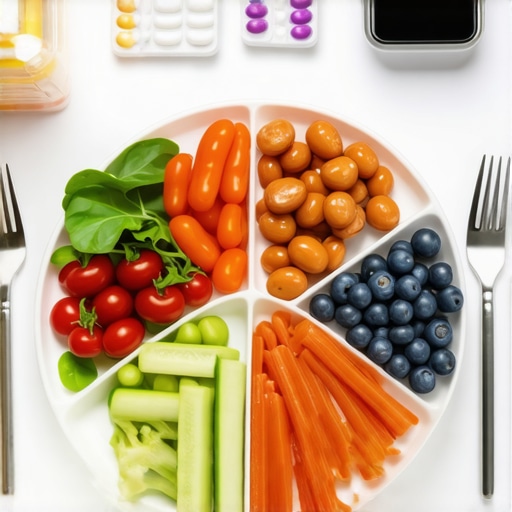 A nutritious meal plate with vegetables, lean protein, and healthy fats alongside medication and fitness accessories.