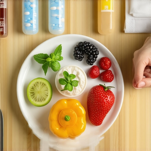 A nutritious meal plan with medication bottles and a person preparing food.