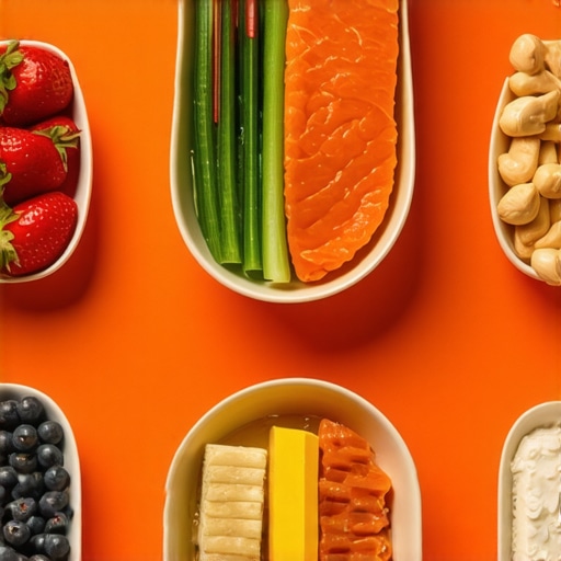 A vibrant plate of nutritious foods including vegetables, lean meats, and healthy oils