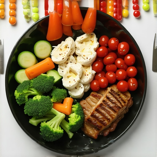 Meal plate with vegetables, proteins, and fats illustrating diet and medication integration.