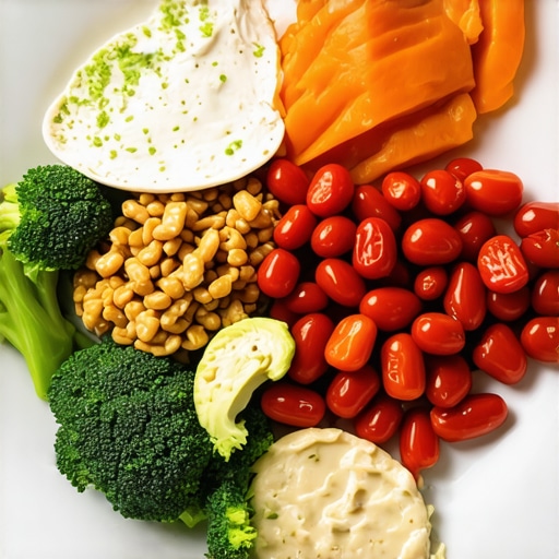 Colorful plate with vegetables, lean proteins, and healthy fats for diet support.