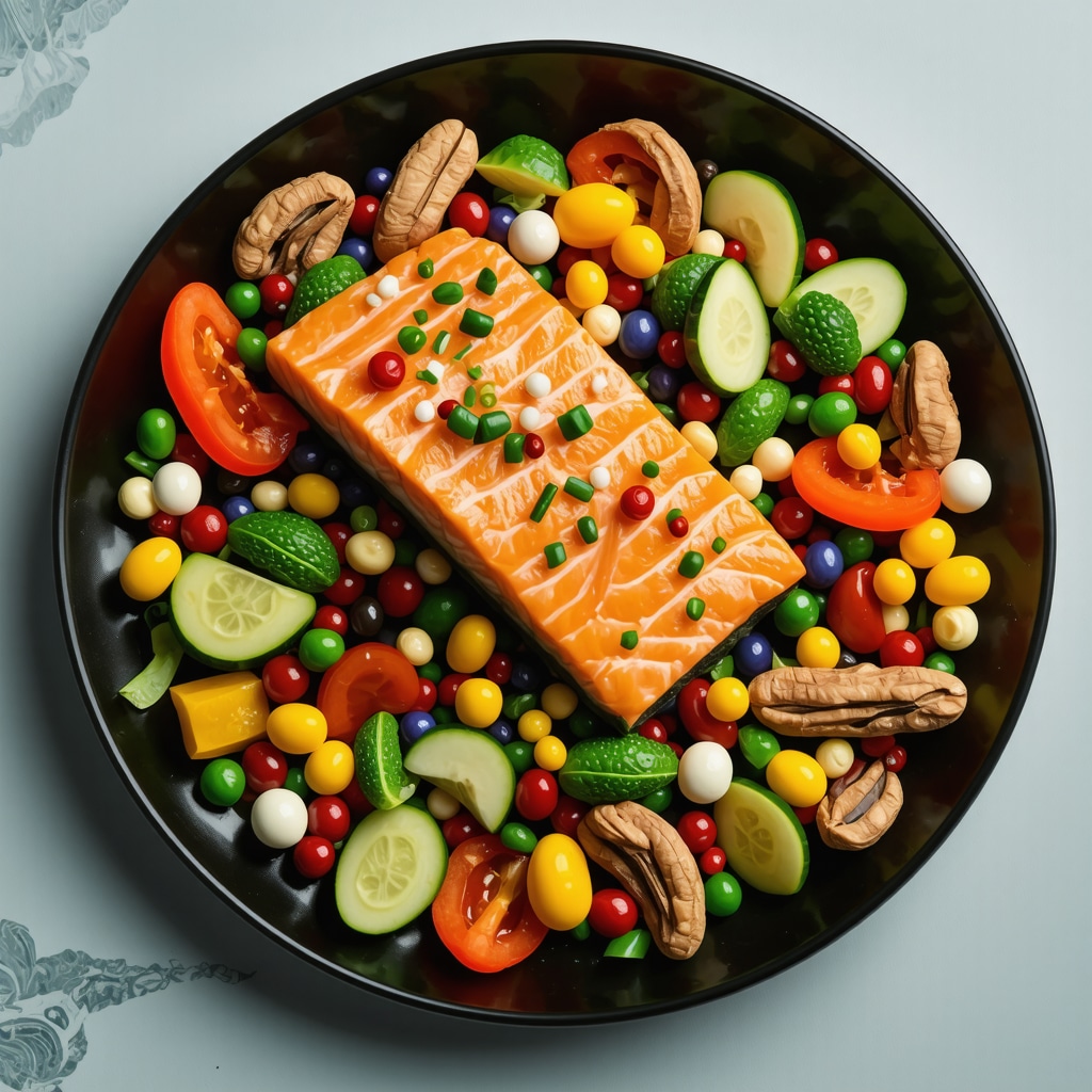 A vibrant plate of fatty fish, fiber-rich vegetables, and nuts illustrating dietary support for weight loss medications