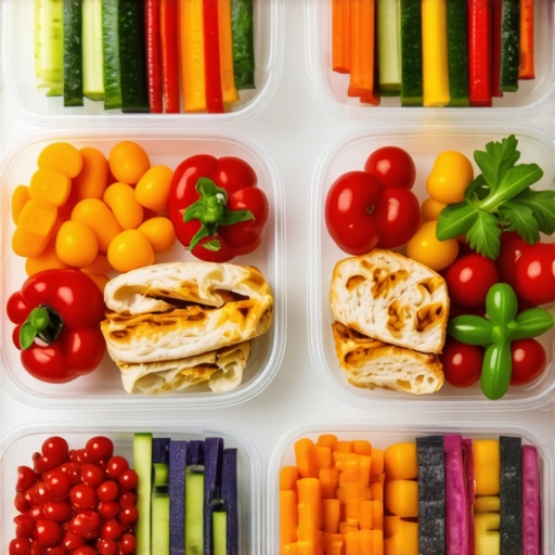 Colorful healthy meal prep with vegetables and proteins in containers.
