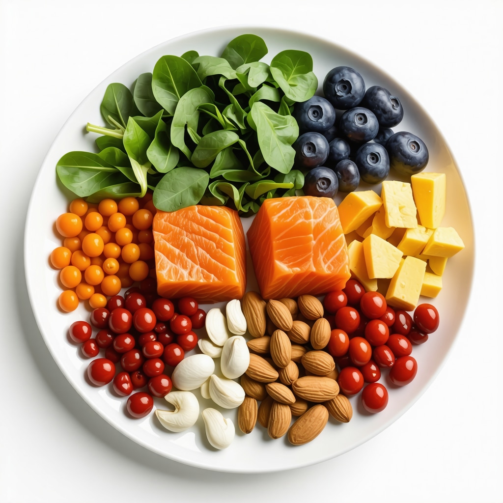 Healthy plate with leafy greens, fish, nuts, and vegetables promoting metabolic health