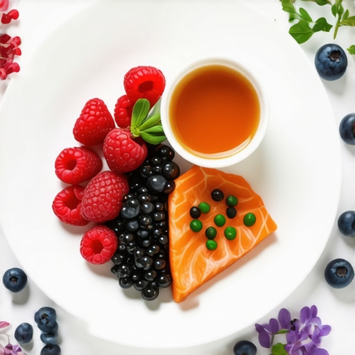 A colorful display of berries, green tea, and salmon illustrating advanced nutrition for weight management.