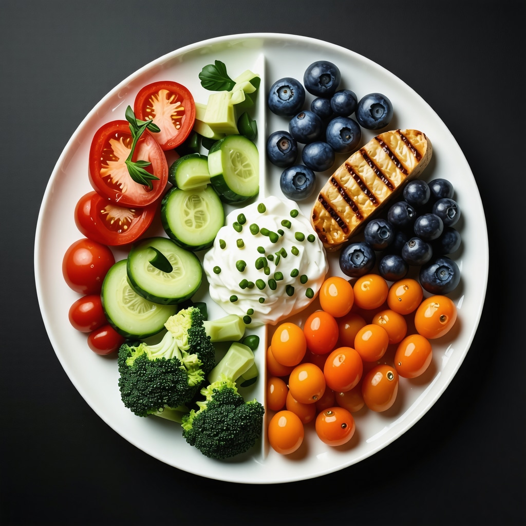 Plate filled with vegetables, lean proteins, and healthy fats representing balanced dieting for fat loss.