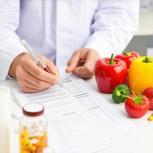 Doctor and patient discussing customized diet plan with medications and healthy foods on table.