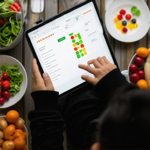 Person analyzing custom diet plans on a digital device with healthy foods nearby.