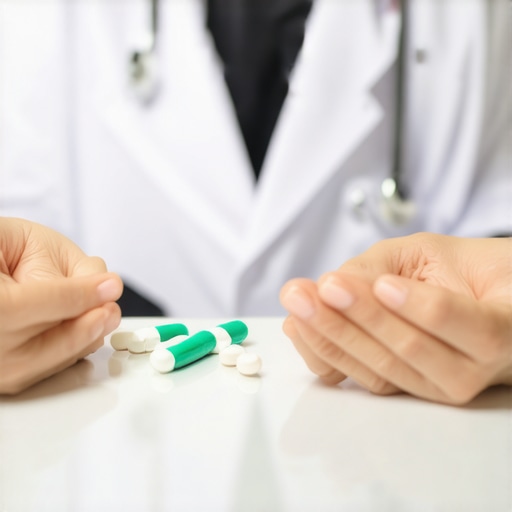 Healthcare professional discussing diet and medication plan with patient in clinic.