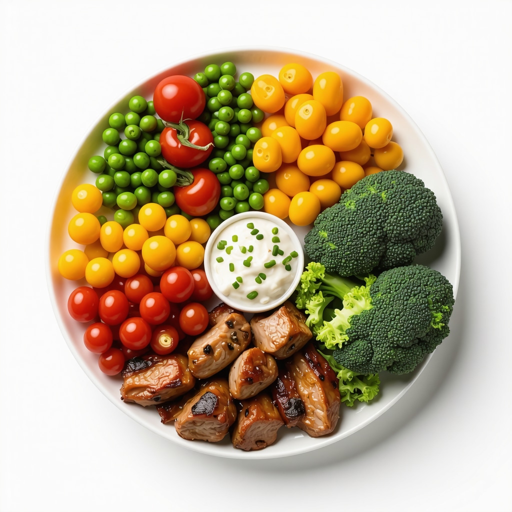 Balanced meal plate with vegetables, lean protein, and healthy fats for weight management