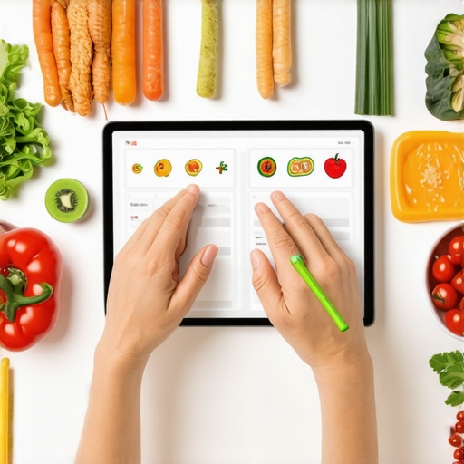 Person analyzing customized diet plans with healthy foods and a tablet