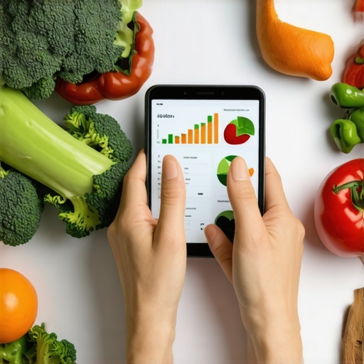 Individual reviewing diet plans with healthy foods and digital tools for weight management.
