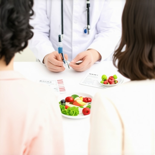 Nutritionist discussing personalized diet plans for weight loss with a patient, highlighting injections and healthy foods.