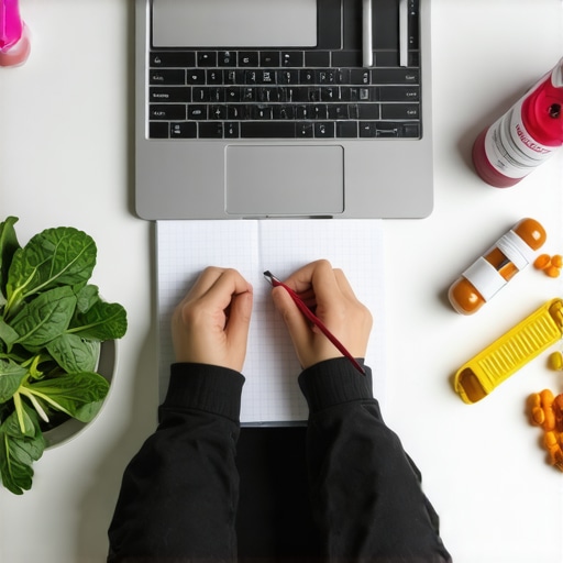 Person writing in journal with healthy foods and medication bottles.