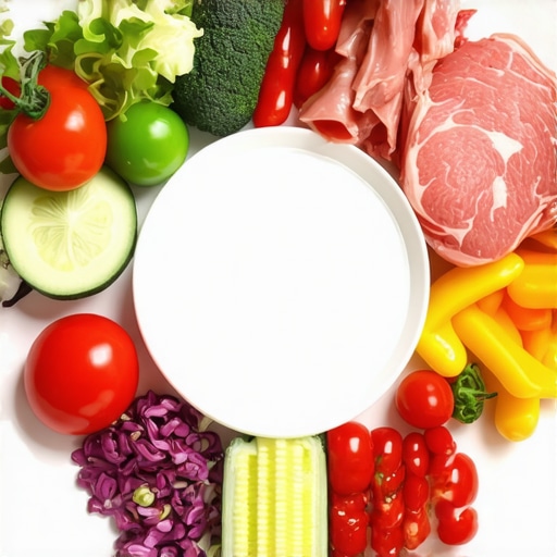 Illustration of a balanced plate with vegetables, lean protein, and healthy fats for weight management