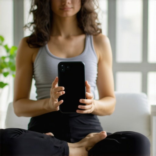 Person meditating with a smartphone displaying a health app, symbolizing resilience and tech support in weight management.