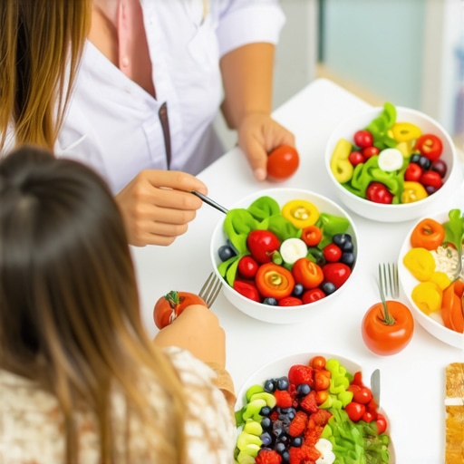 Nutritionist discussing personalized diet plan with patient with healthy foods on table.