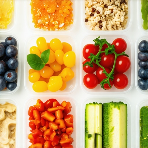 A vibrant meal prep layout with vegetables, proteins, healthy fats, and grains arranged for a balanced diet.
