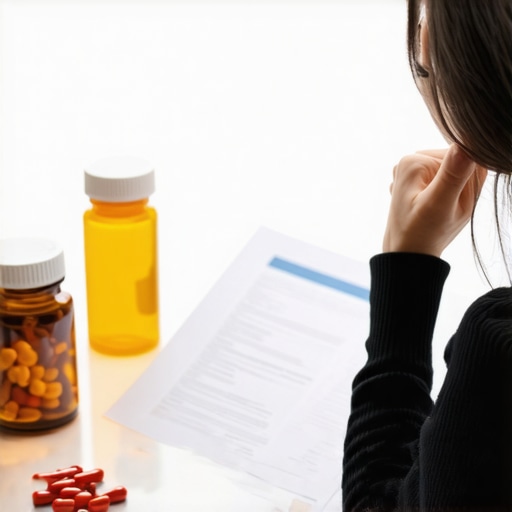 Person analyzing diet plan with medication bottles on table