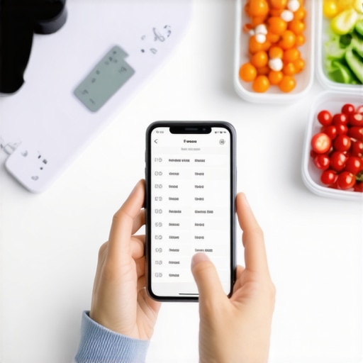 Digital tools for weight loss maintenance in 2024 Person using a health tracking app with scales and healthy food in the background.