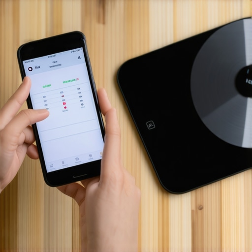 Person using a smartphone app to monitor weight and medication adherence with a smart scale in the background.