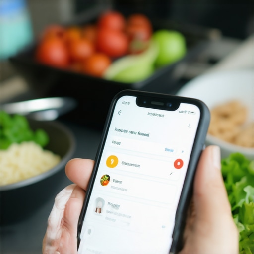 Person using a smartphone to monitor diet and medication, with organized meal containers in the background.