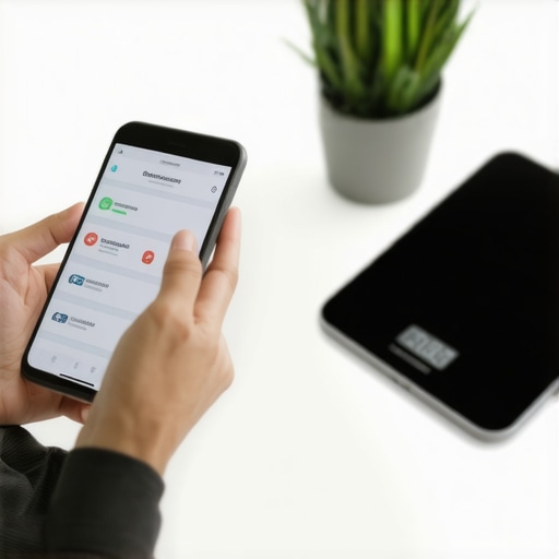 Person tracking medication and weight data on smartphone app in home environment.