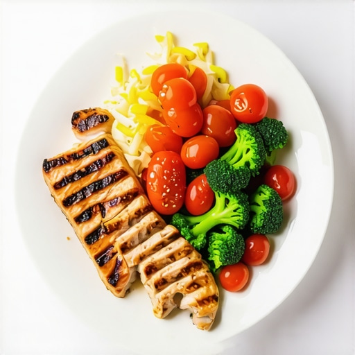 Balanced High-Protein Meal for Weight Loss A colorful plate of grilled chicken, salmon, vegetables, and nuts illustrating a Wegovy-friendly balanced diet.