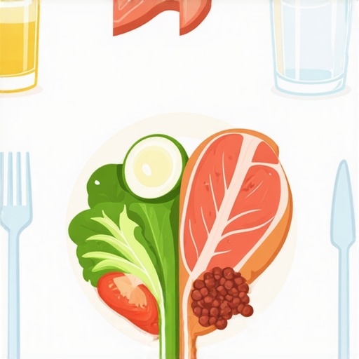 A colorful plate featuring vegetables, lean meat, and a glass of water, demonstrating nutritional balance for overcoming fatigue.