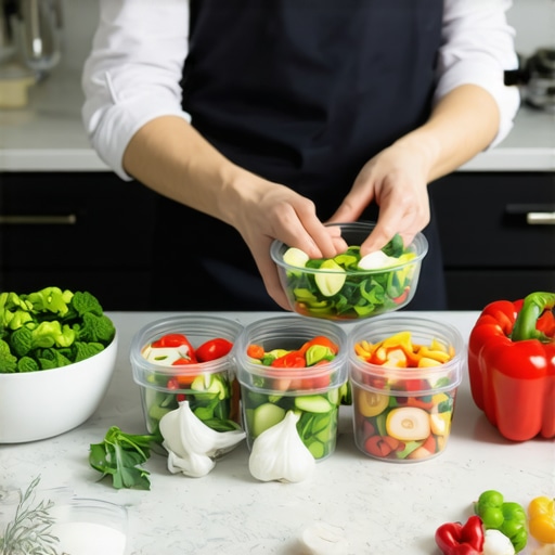 Person portioning meals with containers and fresh vegetables in a kitchen.