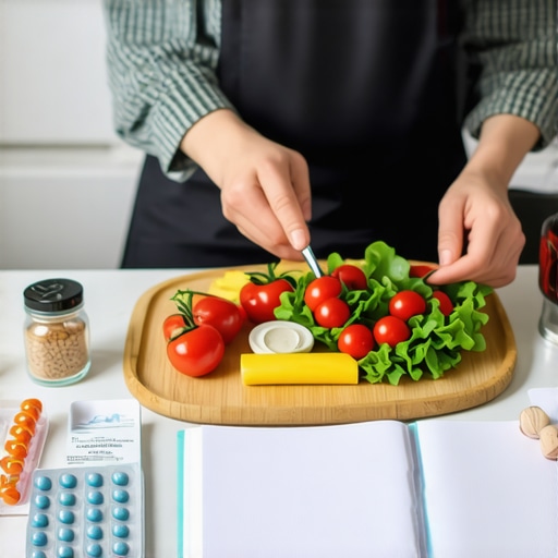 A person organizing fresh vegetables and preparing meals in a kitchen, with medication and a nutrition journal nearby.