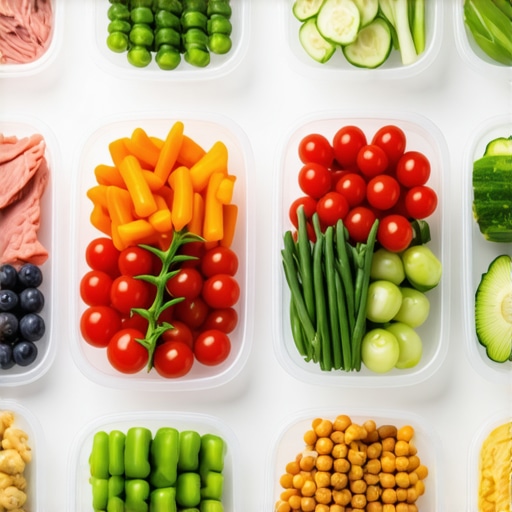 A neatly arranged meal prep station showcasing prepared healthy food containers.
