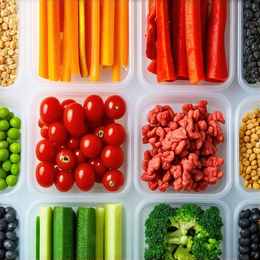 A neatly arranged meal prep consisting of grilled chicken, vegetables, and brown rice on a wooden table