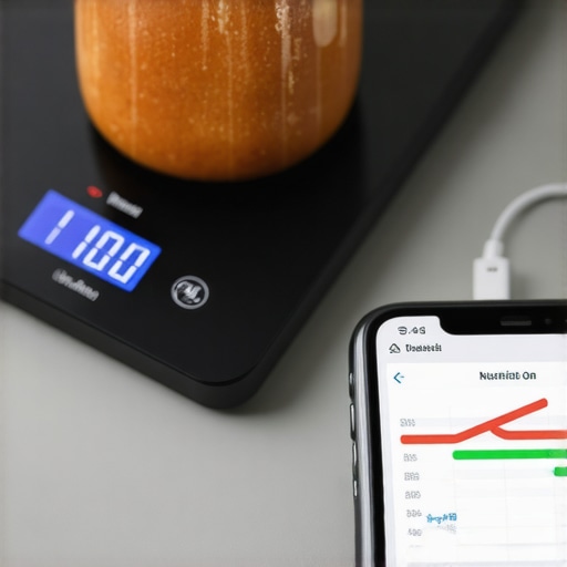 A digital kitchen scale syncing with a smartphone app for precise portion control and nutrition monitoring.