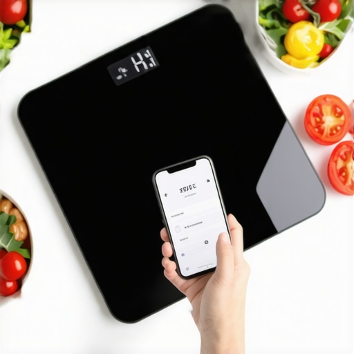 Smart tools for long-term weight management Person monitoring nutrition with app and scale