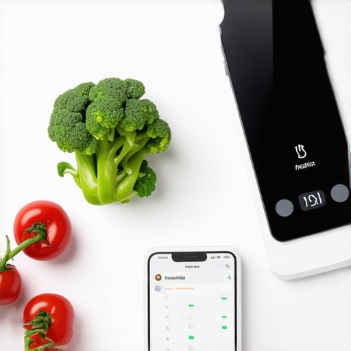 A digital kitchen scale next to fresh vegetables with a smartphone displaying a nutrition app, illustrating tools for maintaining weight loss.