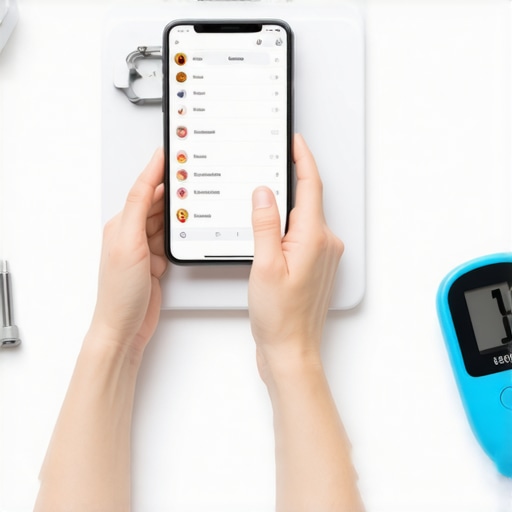 Person recording meal data on smartphone with health monitoring devices on the table.