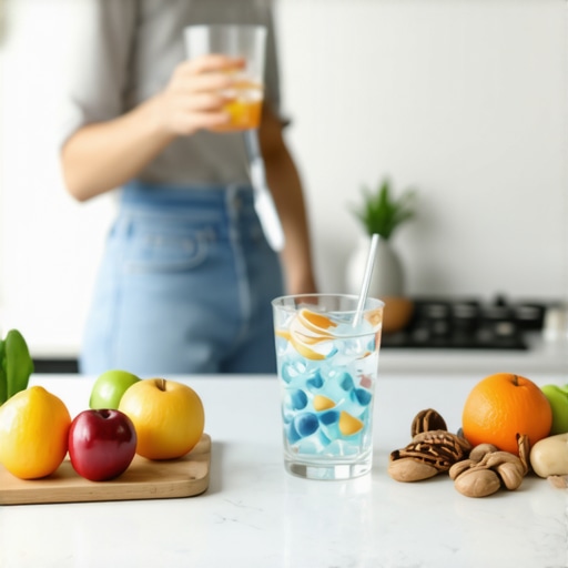 A close-up of a glass of electrolyte-infused water with bananas, spinach, and nuts on the counter.