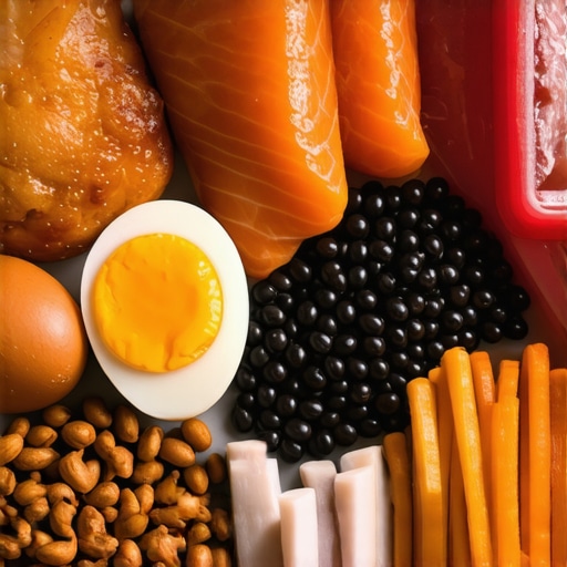 A colorful plate featuring various high-protein foods like fish, eggs, chicken, beans, and nuts.