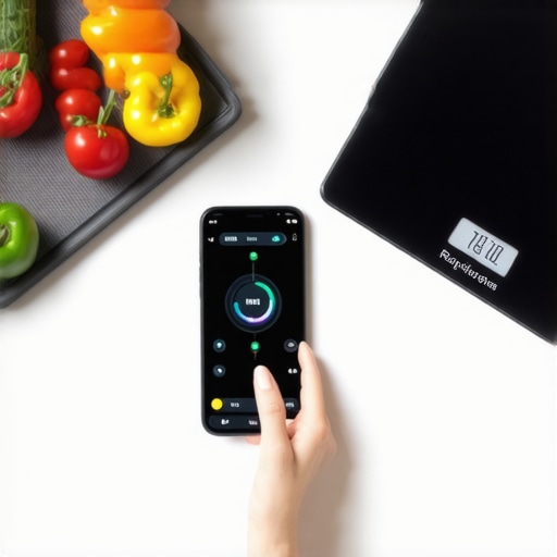 Person monitoring weight and diet using smartphone app and smart scale in kitchen.