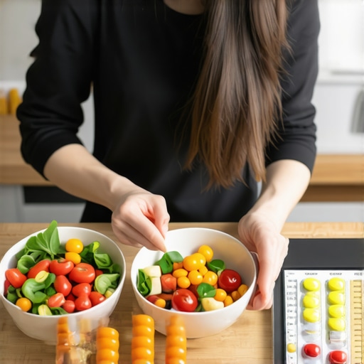 A person organizing colorful healthy meals aligned with medication timing.