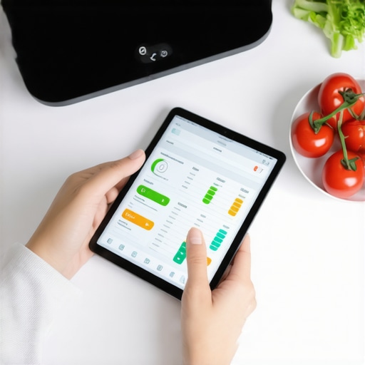 Person tracking their diet on a tablet with a smart scale and healthy foods nearby.