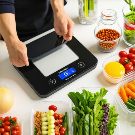 Person measuring ingredients and planning meals with digital scale and smartphone app in a bright, organized kitchen.