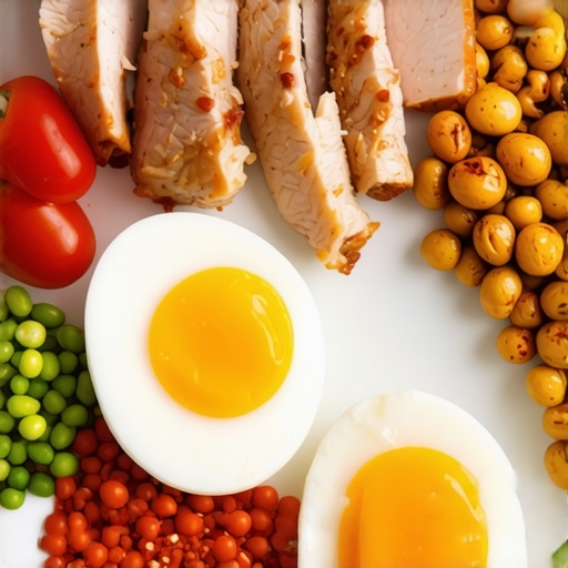 A colorful plate with eggs, chicken, and legumes, demonstrating high-protein foods suitable for medication support in weight loss.