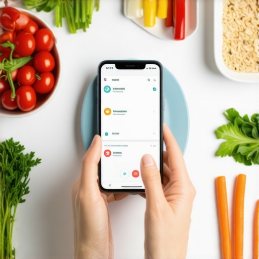 Person measuring ingredients for meal prep and tracking nutrition on a smartphone